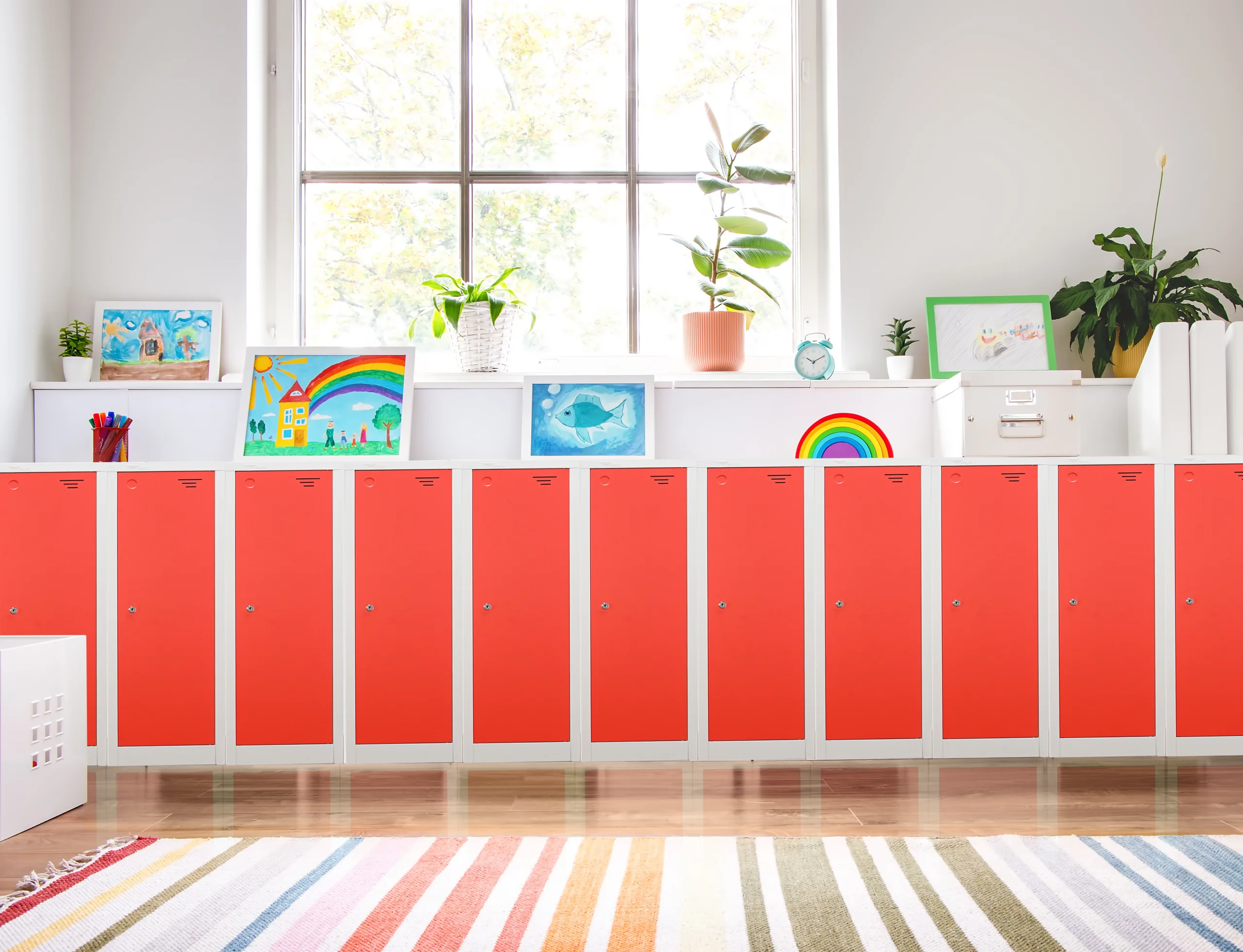 Am image of different colour lockers available for fast delivery